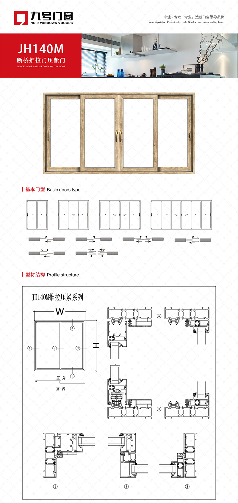 JH140M斷橋推拉壓緊門,高端鋁合金加盟